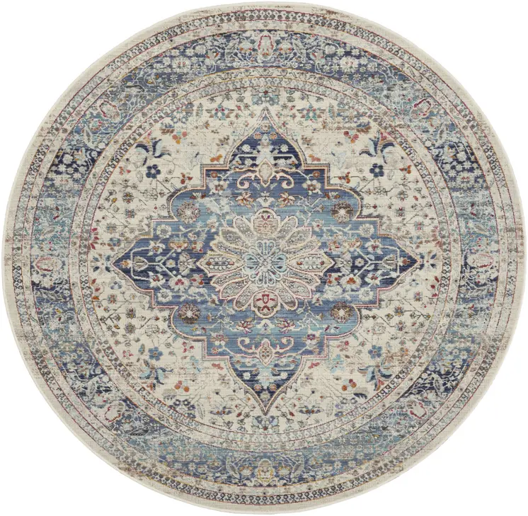 6' Ivory Blue And Orange Floral Distressed Round Rug