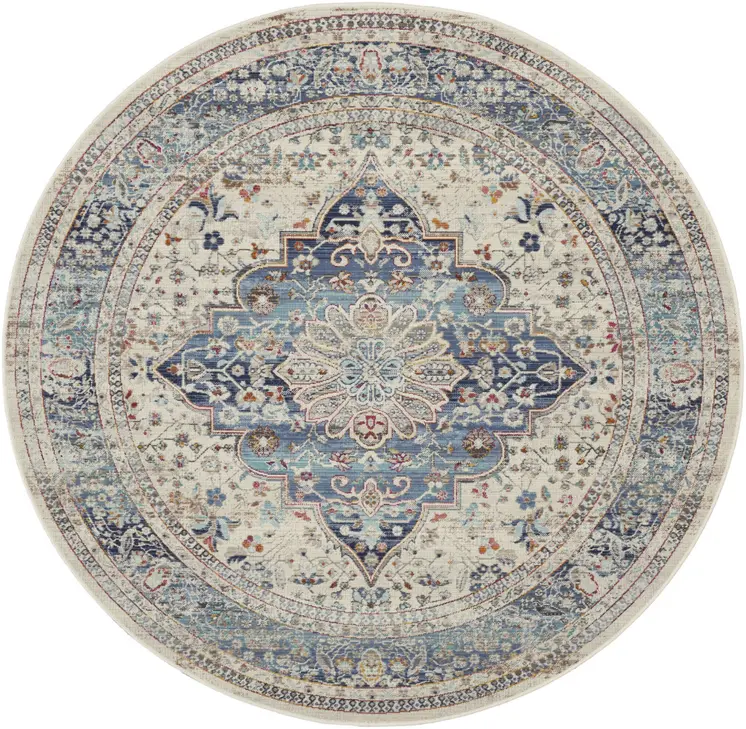 6' Ivory Blue And Orange Floral Distressed Round Rug