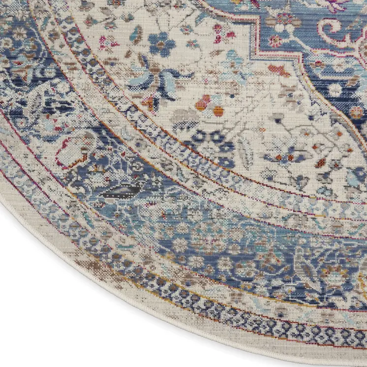 6' Ivory Blue And Orange Floral Distressed Round Rug