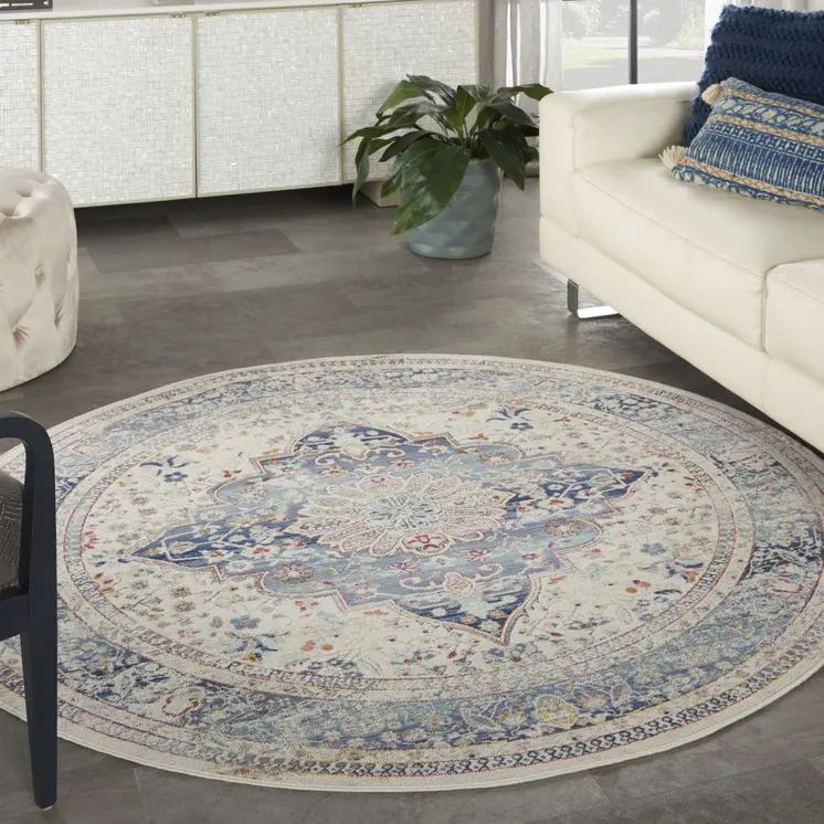 6' Ivory Blue And Orange Floral Distressed Round Rug