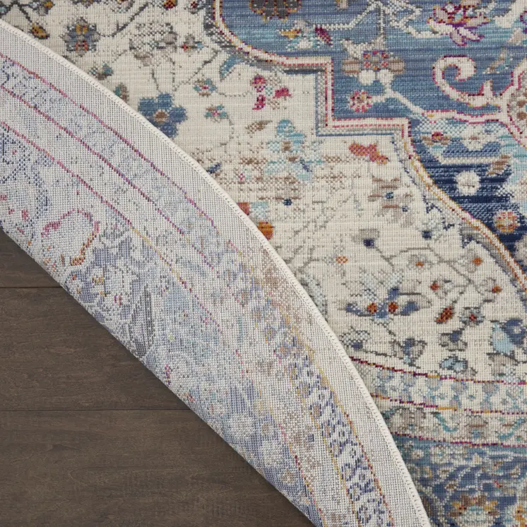 6' Ivory Blue And Orange Floral Distressed Round Rug