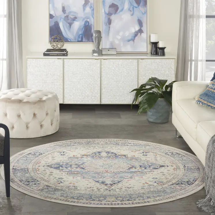 6' Ivory Blue And Orange Floral Distressed Round Rug
