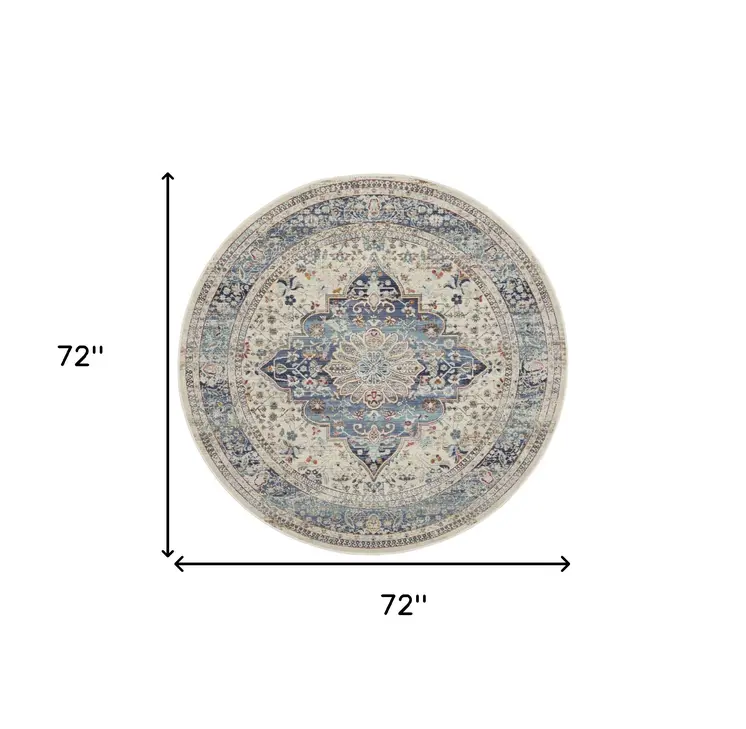 6' Ivory Blue And Orange Floral Distressed Round Rug
