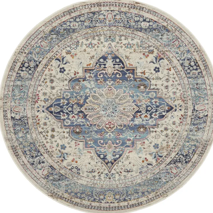 6' Ivory Blue And Orange Floral Distressed Round Rug