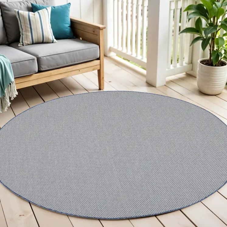 6' Ivory And Blue Round Geometric Indoor Outdoor Area Rug