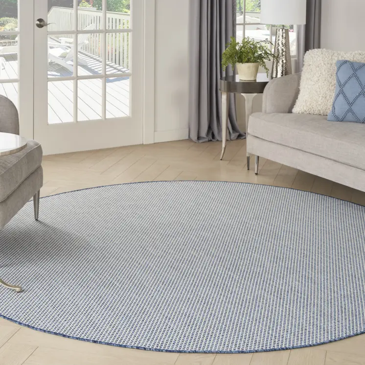 6' Ivory And Blue Round Geometric Indoor Outdoor Area Rug