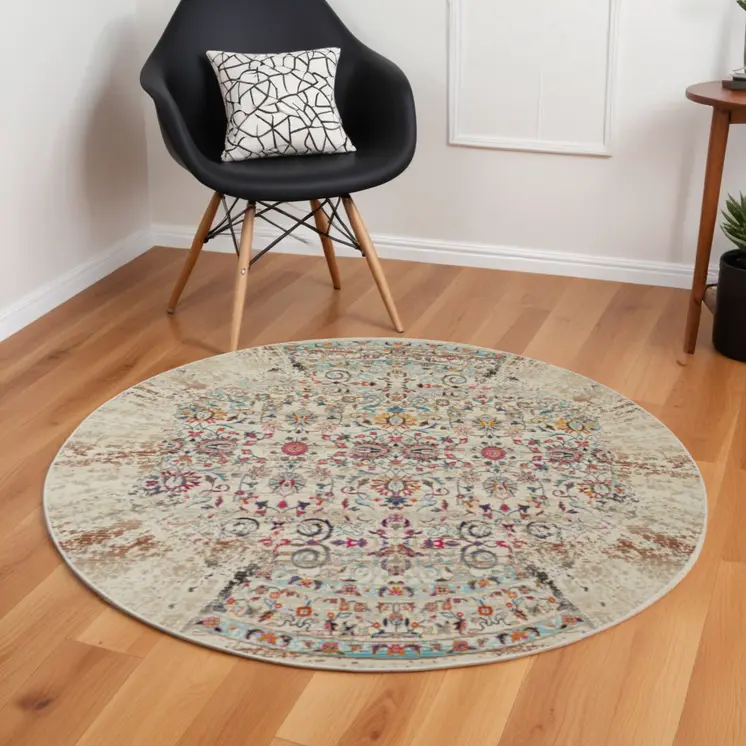 6' Ivory And Brown Floral Distressed Round Rug