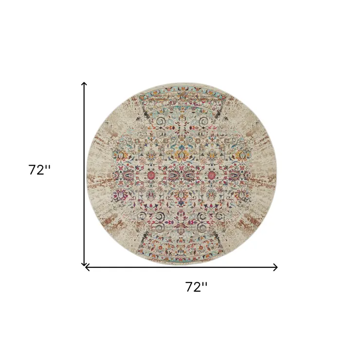 6' Ivory And Brown Floral Distressed Round Rug