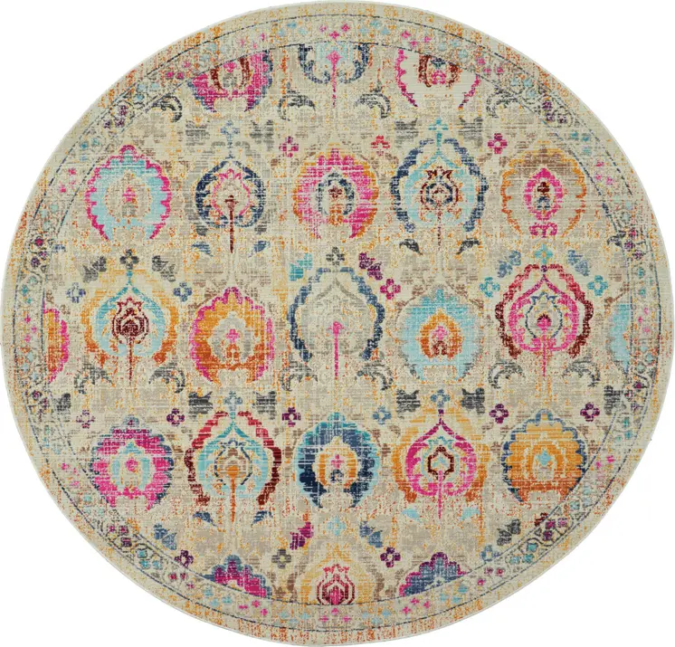 6' Ivory Pink And Orange Floral Distressed Round Rug