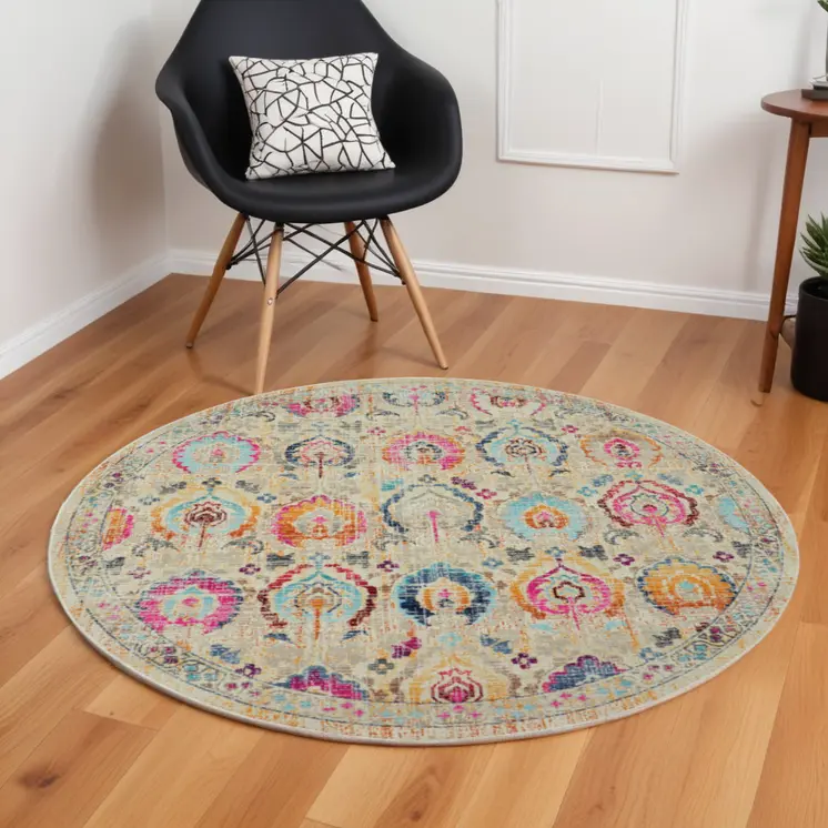 6' Ivory Pink And Orange Floral Distressed Round Rug