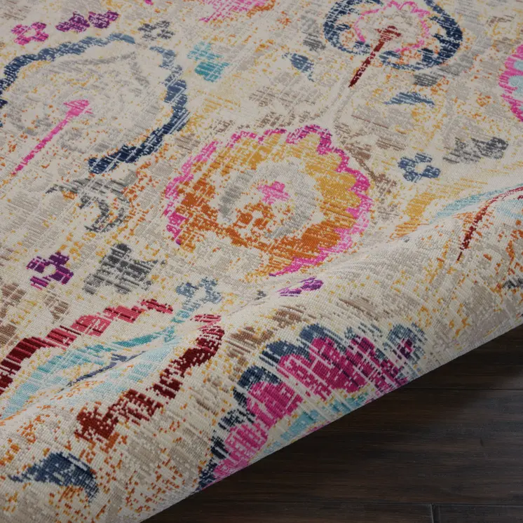 6' Ivory Pink And Orange Floral Distressed Round Rug