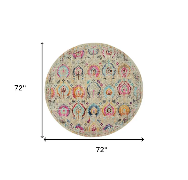 6' Ivory Pink And Orange Floral Distressed Round Rug