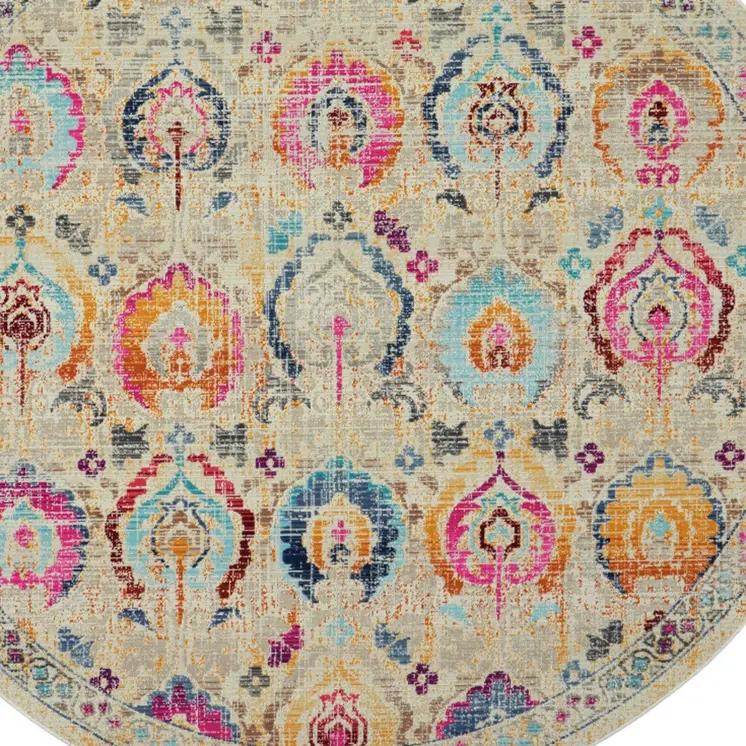 6' Ivory Pink And Orange Floral Distressed Round Rug