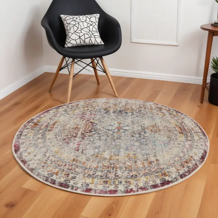 6' Ivory Red And Orange Geometric Distressed Round Rug