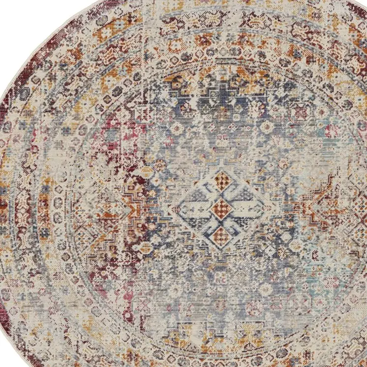 6' Ivory Red And Orange Geometric Distressed Round Rug