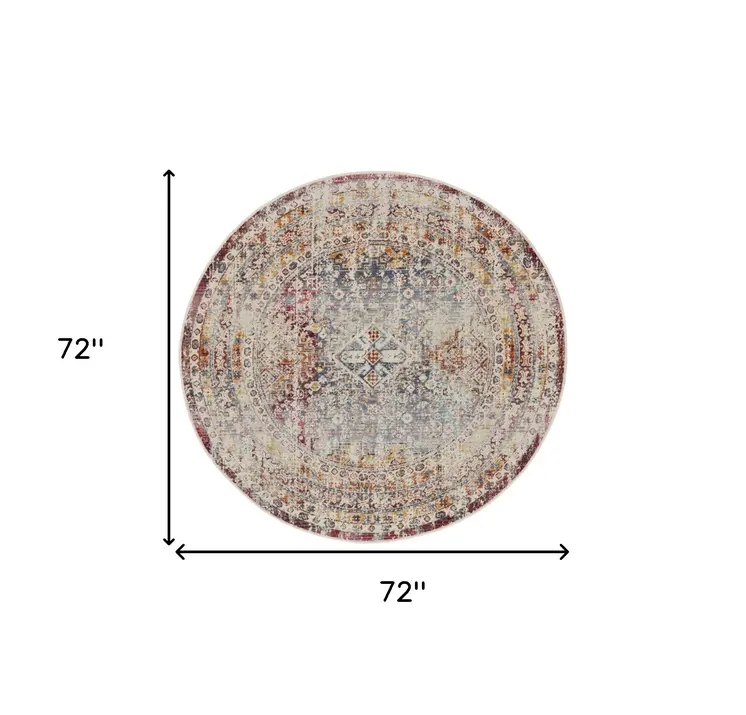 6' Ivory Red And Orange Geometric Distressed Round Rug