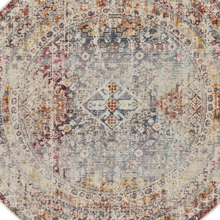 6' Ivory Red And Orange Geometric Distressed Round Rug