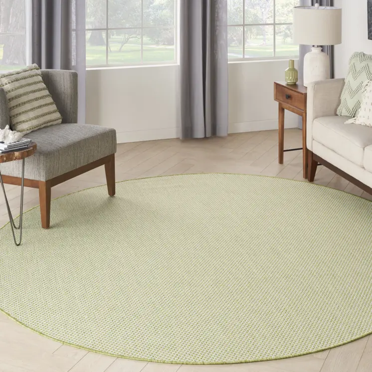 6' Ivory And Green Round Geometric Indoor Outdoor Area Rug