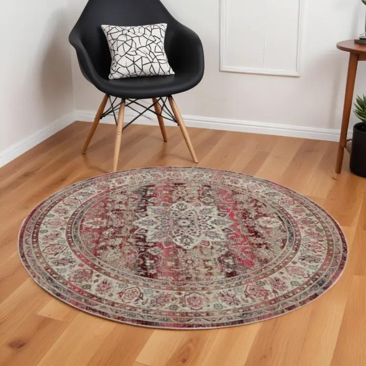 6' Ivory And Red Floral Distressed Round Rug