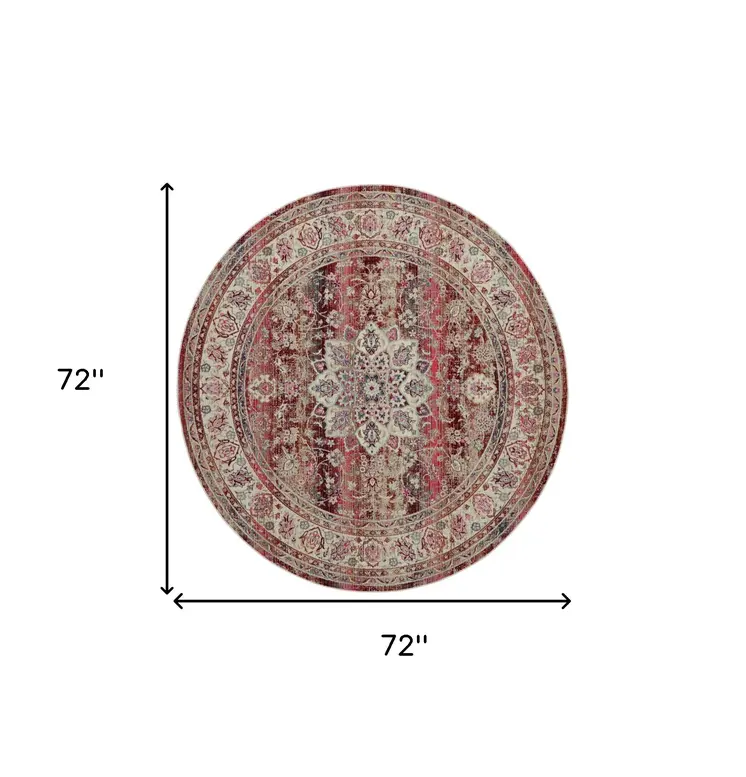 6' Ivory And Red Floral Distressed Round Rug