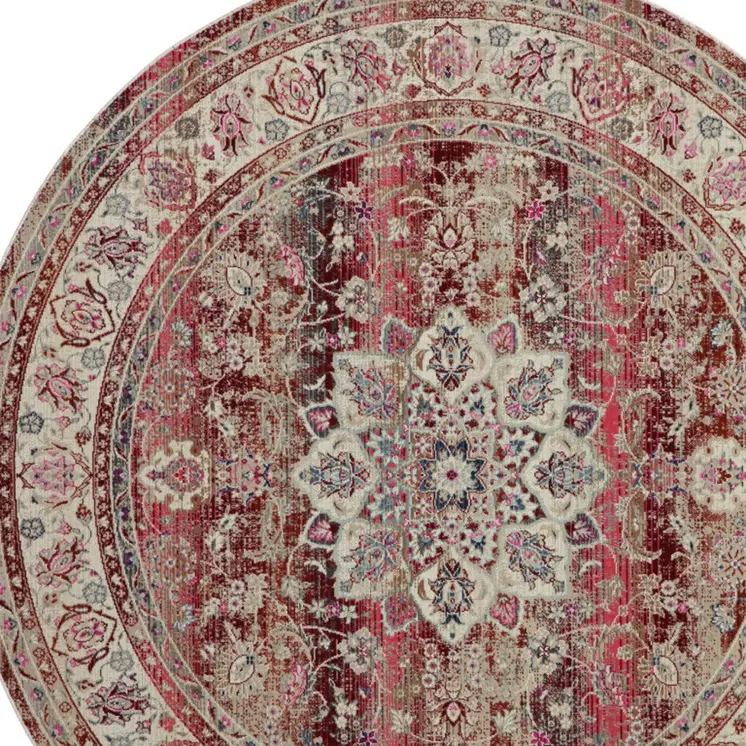 6' Ivory And Red Floral Distressed Round Rug