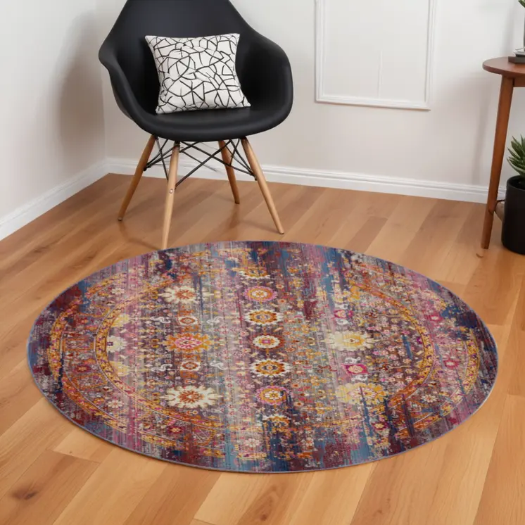6' Blue Yellow And Red Floral Distressed Non Skid Round Rug