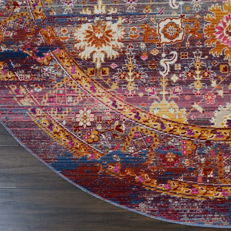 6' Blue Yellow And Red Floral Distressed Non Skid Round Rug