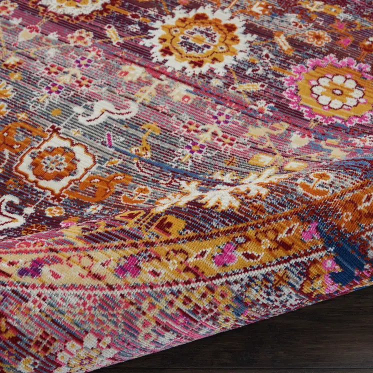 6' Blue Yellow And Red Floral Distressed Non Skid Round Rug