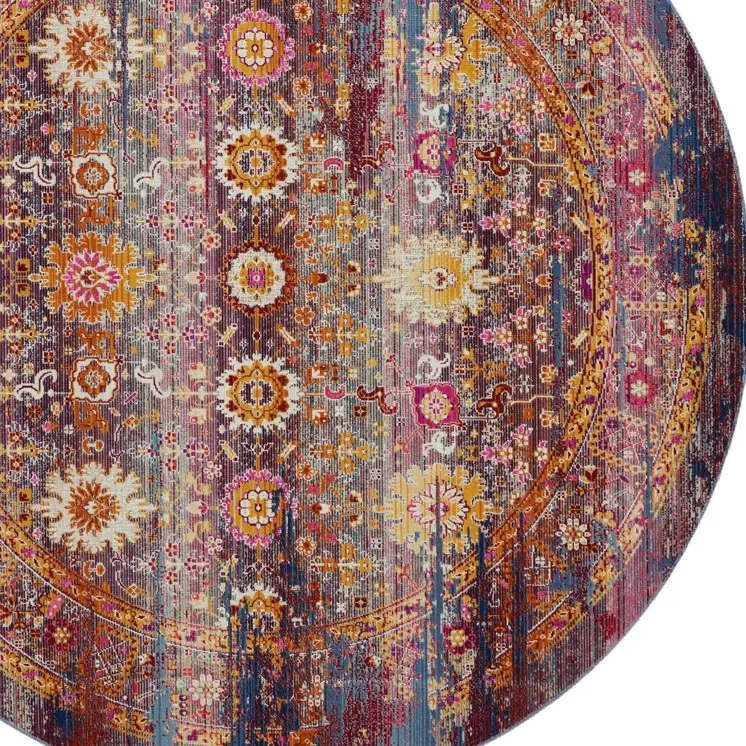 6' Blue Yellow And Red Floral Distressed Non Skid Round Rug
