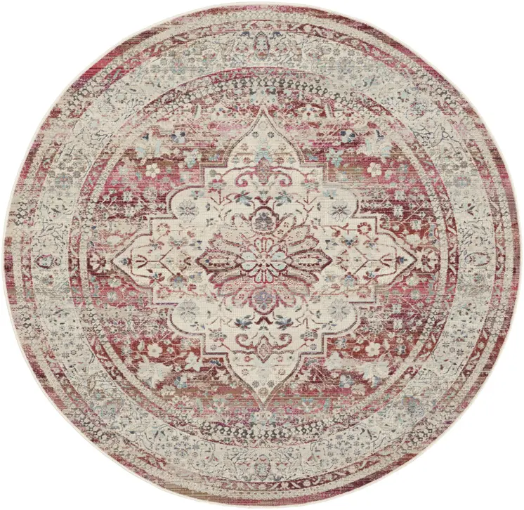 6' Ivory Red And Brown Floral Distressed Round Rug
