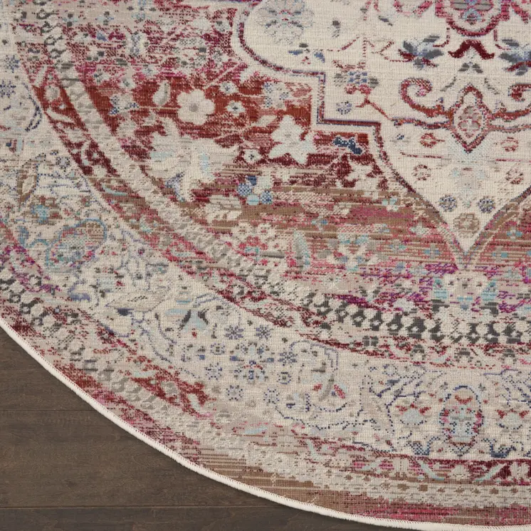 6' Ivory Red And Brown Floral Distressed Round Rug