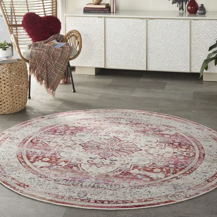 6' Ivory Red And Brown Floral Distressed Round Rug