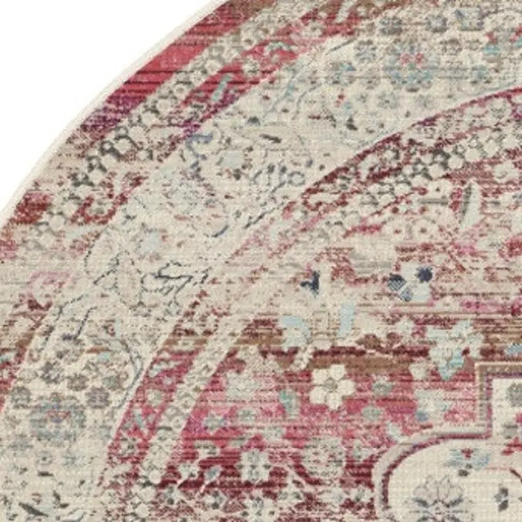 6' Ivory Red And Brown Floral Distressed Round Rug