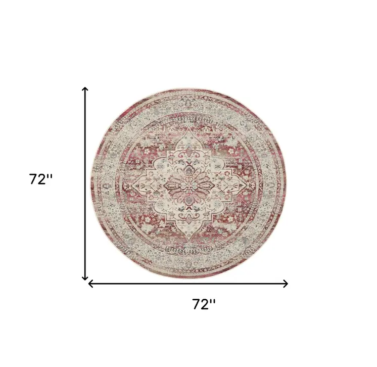 6' Ivory Red And Brown Floral Distressed Round Rug