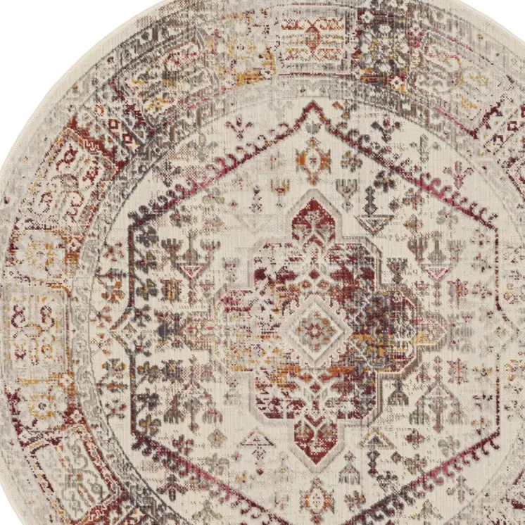 6' Ivory Red And Orange Floral Distressed Round Rug