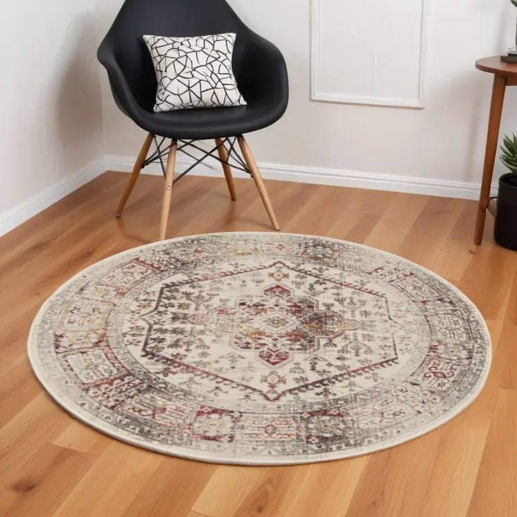 6' Ivory Red And Orange Floral Distressed Round Rug