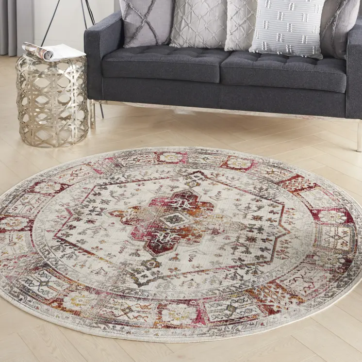 6' Ivory Red And Orange Floral Distressed Round Rug