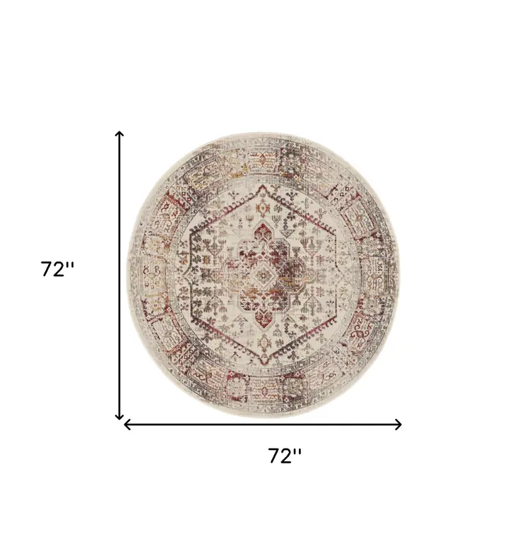 6' Ivory Red And Orange Floral Distressed Round Rug