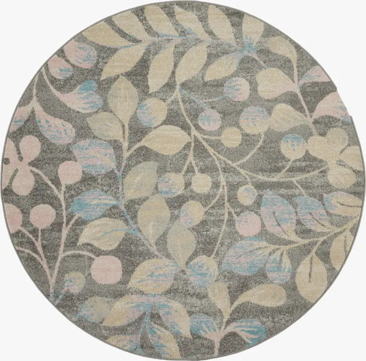 5' Beige Gray And Blue Botanical Leaves Round Rug
