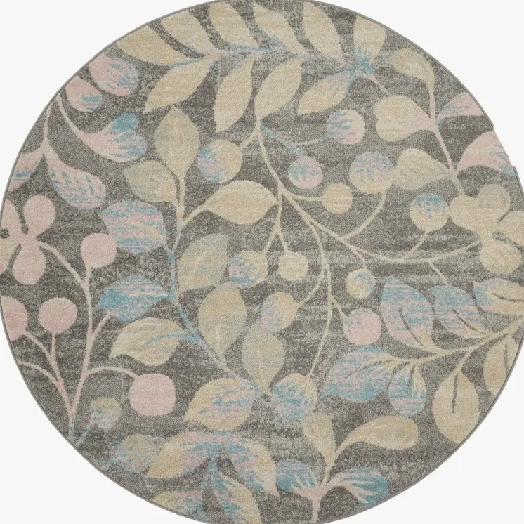 5' Beige Gray And Blue Botanical Leaves Round Rug