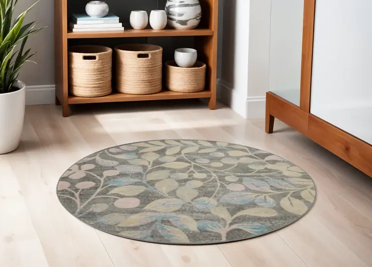 5' Beige Gray And Blue Botanical Leaves Round Rug