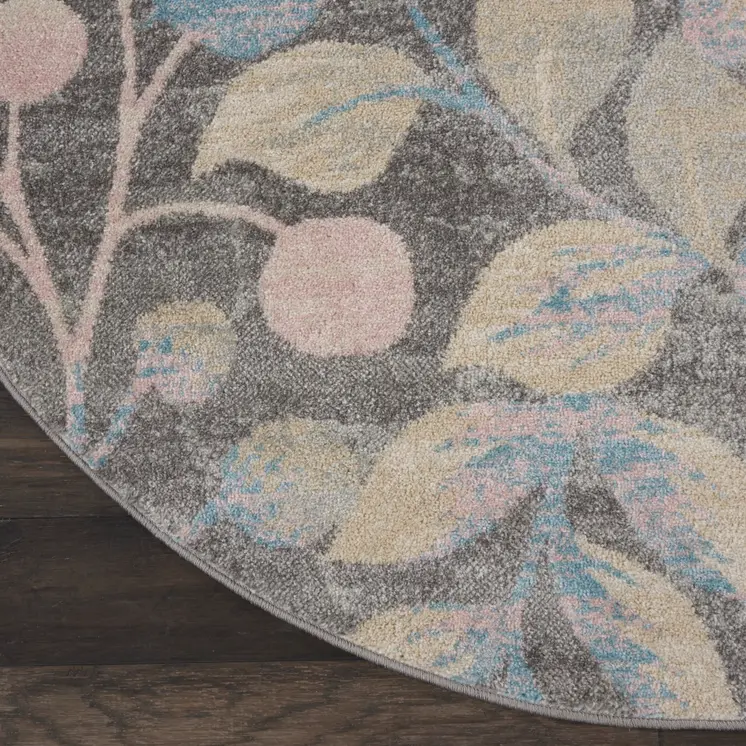 5' Beige Gray And Blue Botanical Leaves Round Rug