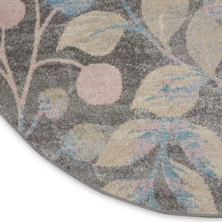 5' Beige Gray And Blue Botanical Leaves Round Rug