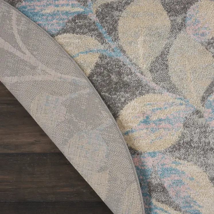 5' Beige Gray And Blue Botanical Leaves Round Rug