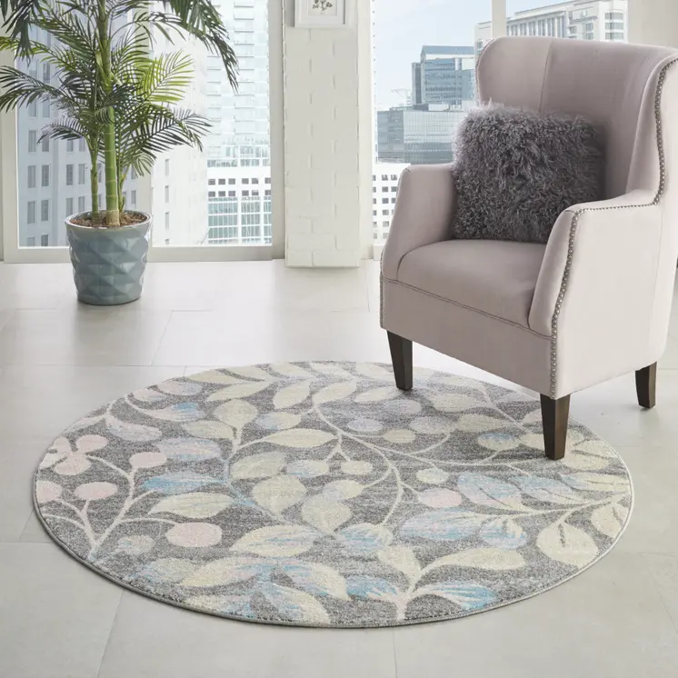 5' Beige Gray And Blue Botanical Leaves Round Rug