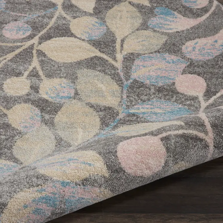 5' Beige Gray And Blue Botanical Leaves Round Rug
