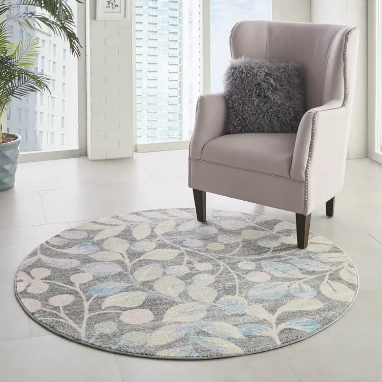 5' Beige Gray And Blue Botanical Leaves Round Rug