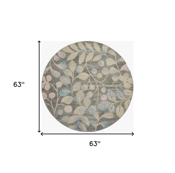 5' Beige Gray And Blue Botanical Leaves Round Rug
