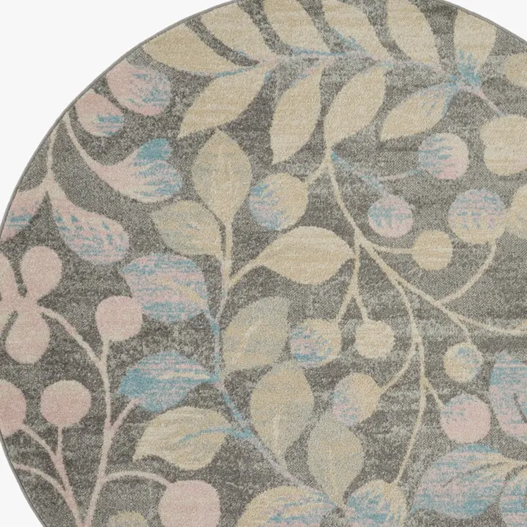 5' Beige Gray And Blue Botanical Leaves Round Rug