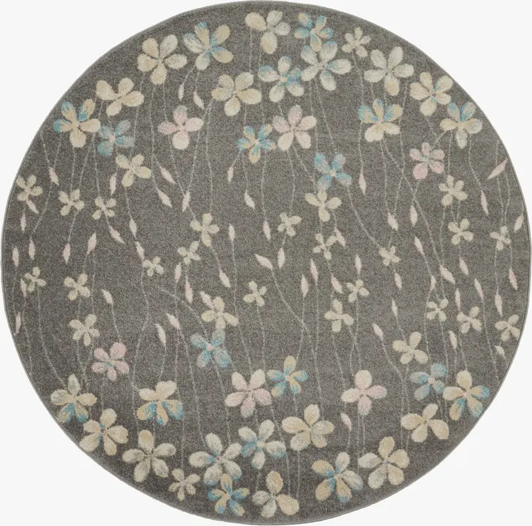 5' Beige And Gray Floral Round Rug